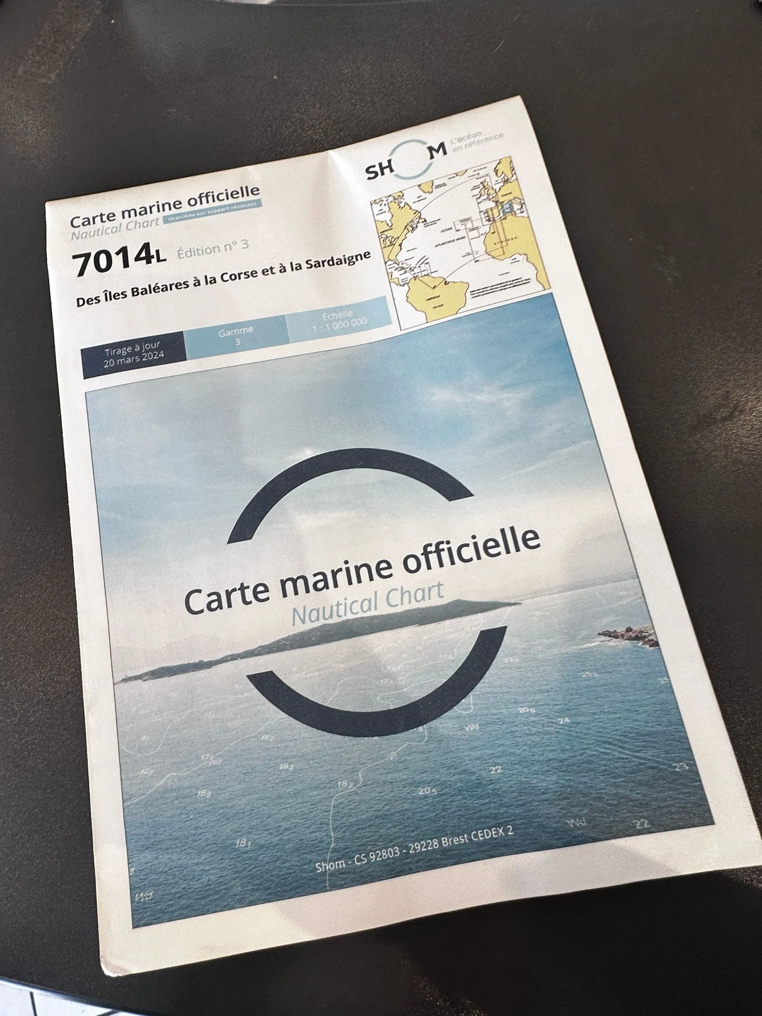 Carte marine officielle 7014L édition 3 des îles Baléares à la Corse et à la Sardaigne, tirage à jour du 20 mars 2024